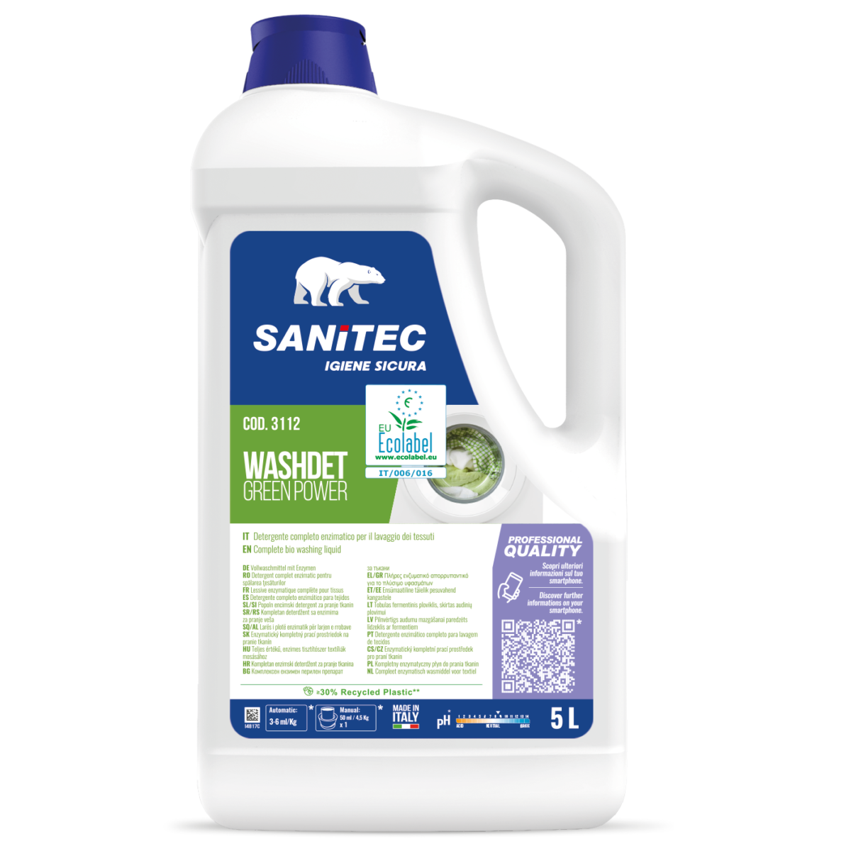 DETERGENTE CONCENTRATO ENZIMATICO PER IL LAVAGGIO DEI TESSUTI - WASHDET GREEN POWER FLOREALE 5LT