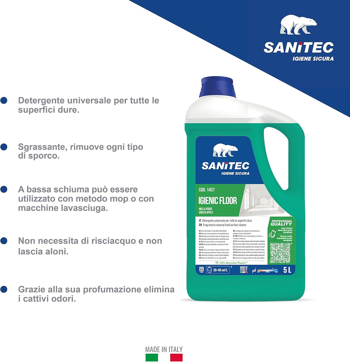 DETERGENTE UNIVERSALE SGRASSANTE CONCENTRATO CON AZIONE IGIENIZZANTE - IGIENIC FLOOR- MELA VERDE - 5LT