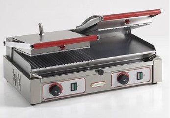 TOSTIERA GRILL DOPPIA CON PIASTRA IN ACCIAIO CROMATO LISCIA, RIGATA O MISTA CON COPERCHIO