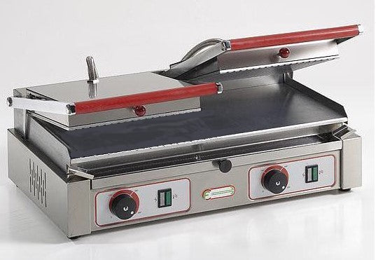 TOSTIERA GRILL DOPPIA CON PIASTRA IN ACCIAIO CROMATO LISCIA, RIGATA O MISTA CON COPERCHIO