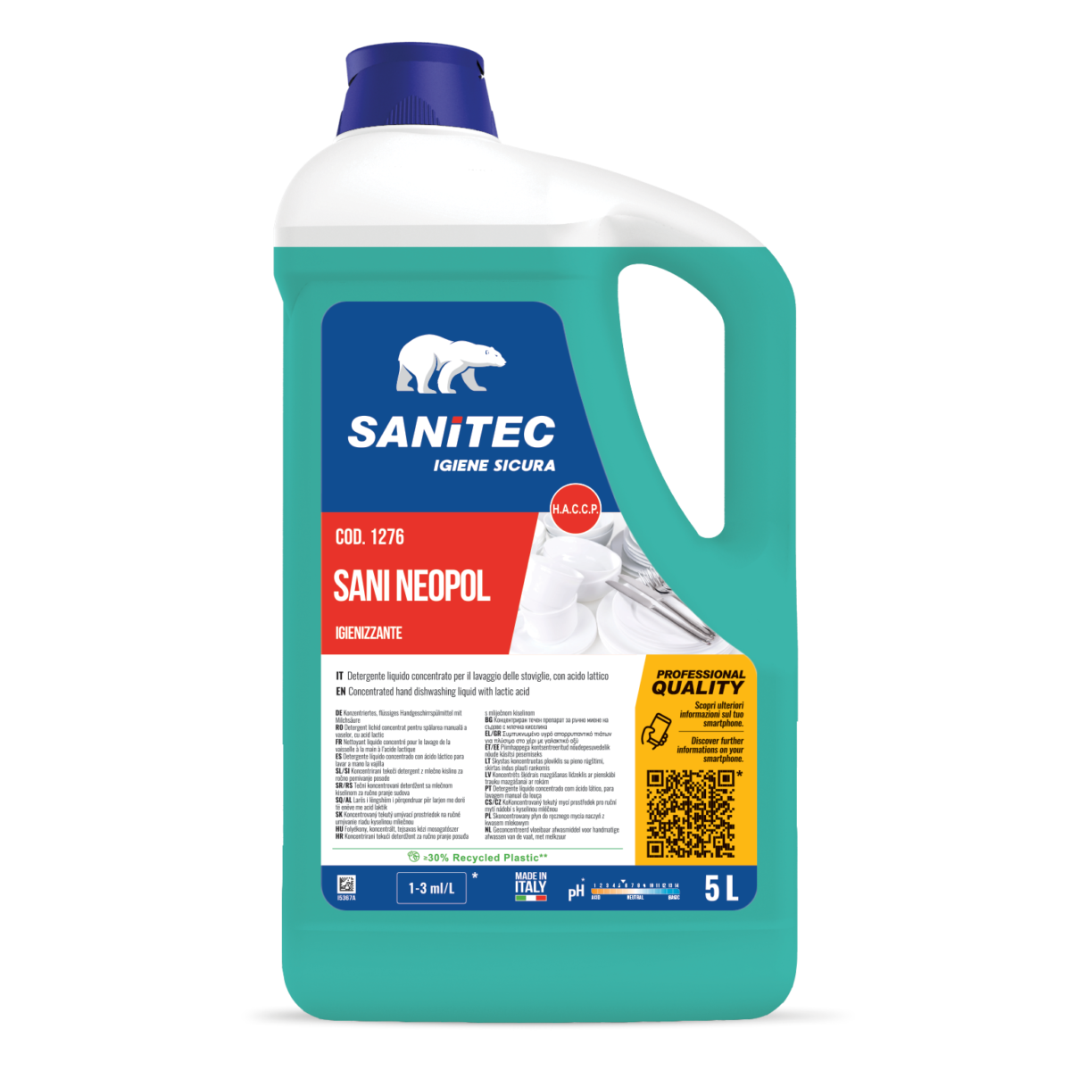 DETERGENTE LIQUIDO PER LAVAGGIO STOVIGLIE CON ACIDO LATTICO -SANI NEOPOL 5LT