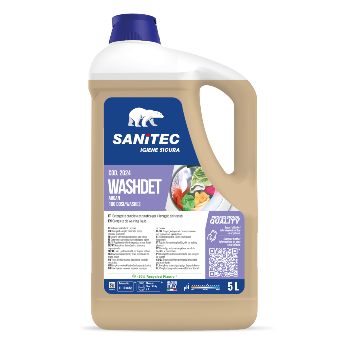 DETERGENTE COMPLETO ENZIMATICO PER LAVAGGIO DEI TESSUTI - WASHDET ARGAN 5LT