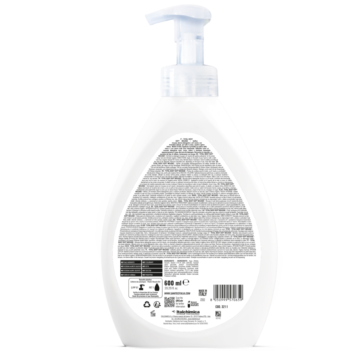MOUSSE DERMO-DETERGENTE PER CORPO, CAPELLI E IGIENE INTIMA - TOTAL BODY SOFT MOUSSE TE' VERDE 600ML