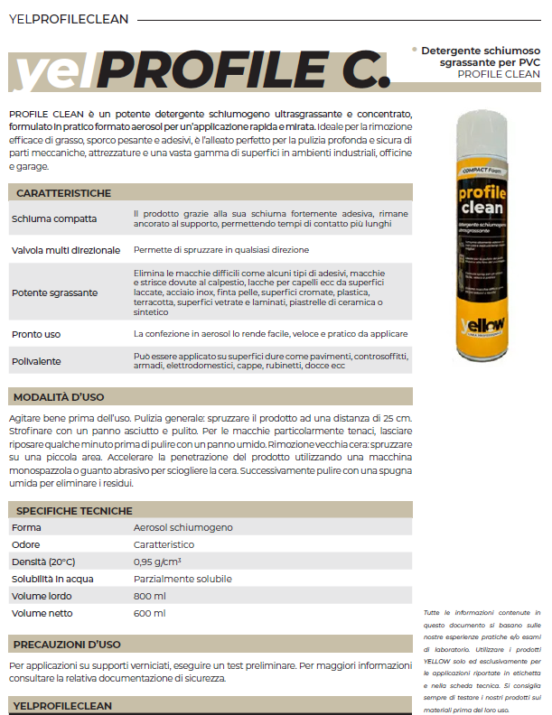 DETERGENTE SCHIUMOSO SGRASSANTE PER PVC PROFILE CLEAN ML.600