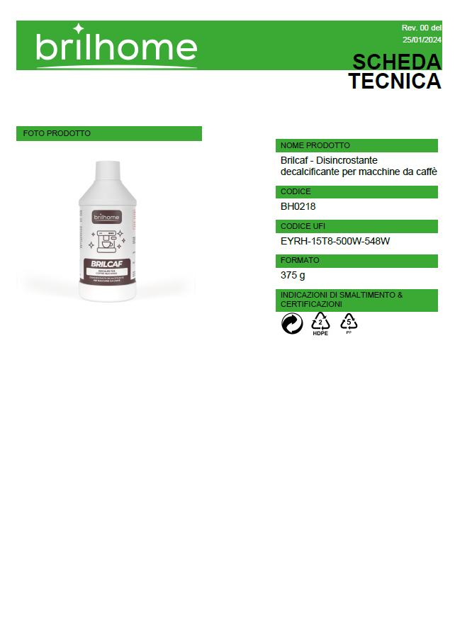 DISINCROSTANTE E DECALCIFICANTE PER MACCHINA CAFFE' - BRILCAF 375ml