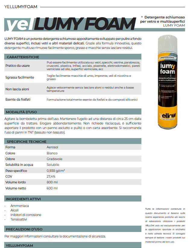 DETERGENTE SCHIUMOSO PER VETRI LUMY FOAM ML.600